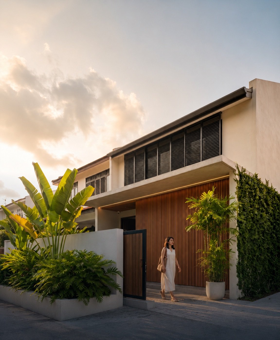 Completed landed home by SGC Architects at dusk